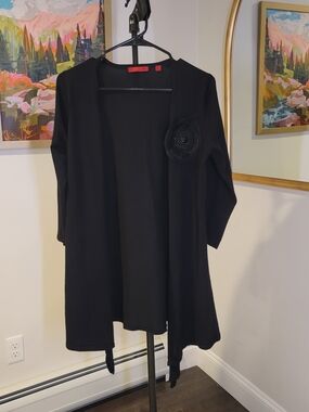 RED Open Front Black Cardigan Beaded Floral Embellishment Design Women's Size M